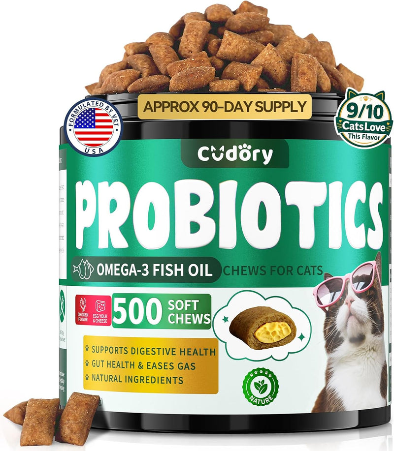 Cat Probiotics Treats for Digestive & Gut Support - 500 Crunchy & Creamy Cat Snacks - Cat Gut Health, Constipation Relief, Healthy Stool, Natural Supplement for Cats, Chicken Flavor (90-Day Supply)
