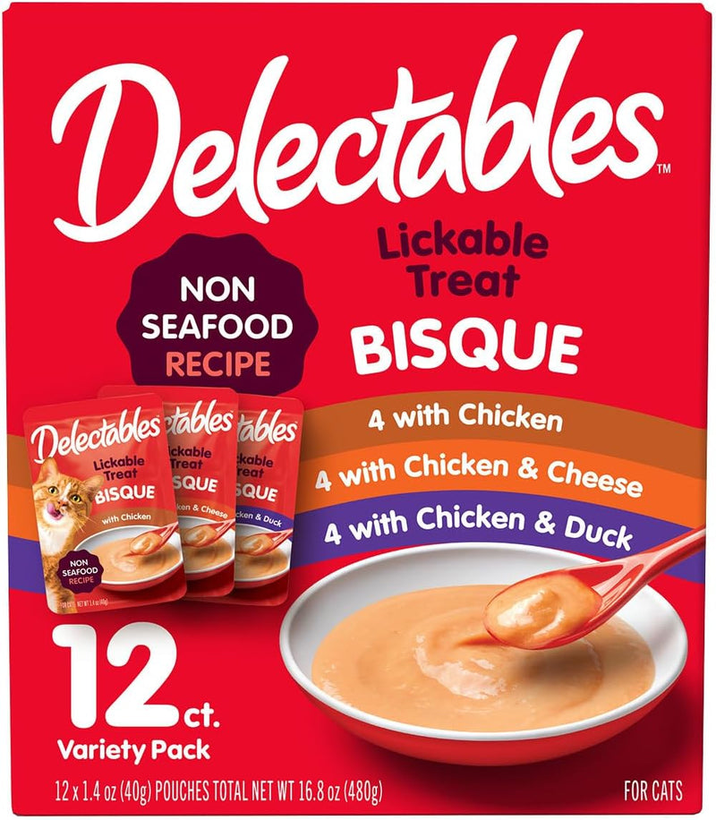 Delectables Lickable Treat Bisque Non-Seafood Wet Cat Treat Variety Pack, Food Topper, Hydrating, Grain-Free, No Fillers