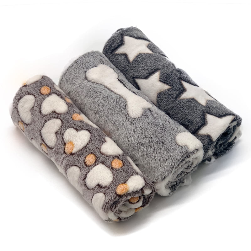 1 Pack 3 Puppy Blankets Super Soft Warm Sleep Mat Grey Cute Print Fluffy Fleece Pet Flannel Throw Dog Blankets for Small Dogs Cats,Star&Bone&Love- Small (23