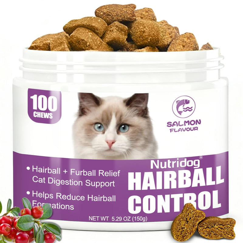 Nutridog Hairball Treats for Cats - Hairball Remedy Chews with Omega 3&6, Psyllium Husk, Zinc & Biotin - Salmon Flavor for Hairball Control, Digestive Health & Skin Support, 100ct