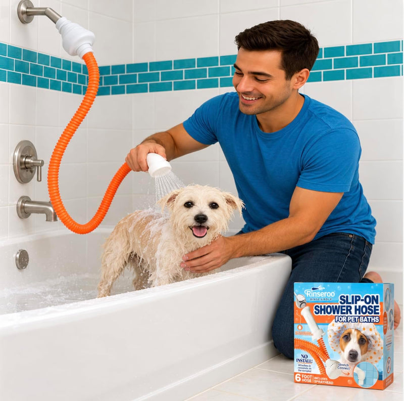Rinseroo Dog Shower Attachment Hose – Slip-On Pet Sprayer with 6ft Hose – No Tools Handheld Dog Bathing & Grooming Showe