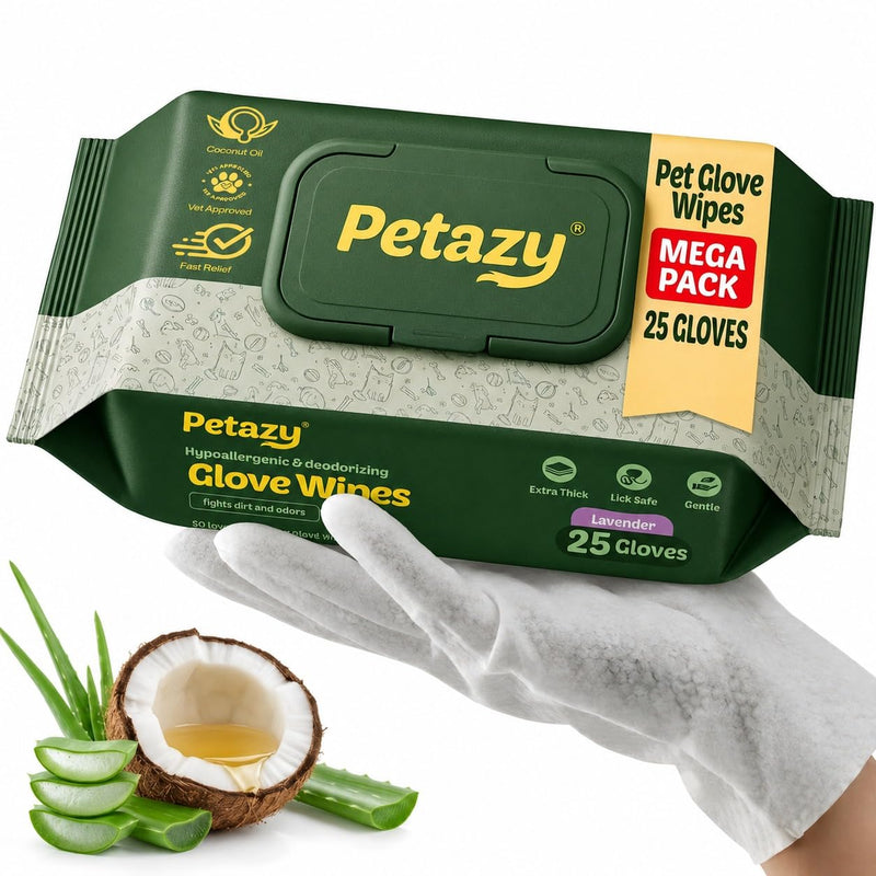 Petazy Pet Glove Wipes for Dogs & Cats – Hypoallergenic Thick Cleaning Gloves with Aloe & Coconut Oil for Paws, Face, Ears & Butt, Instant No Rinse Grooming Wipes to Deodorize and Hydrate, 25 Pack