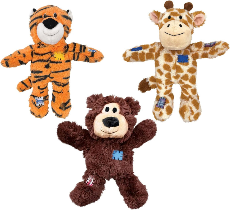 KONG Wild Knots Dog Toys 3 Pack – Bear, Giraffe & Tiger – Durable Plush Toys with Internal Knotted Rope & Squeaker – Sof