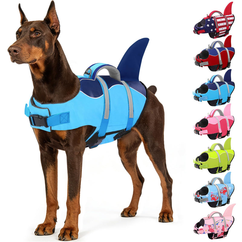 AOFITEE Dog Life Jacket, Dog Life Vest for Swimming, Shark Dogs Swimming Vest with Rescue Handle and Reflective Stripe, Ripstop Pet Float Coat Swimsuit Lifesaver Small Medium Large Dogs Blue XS