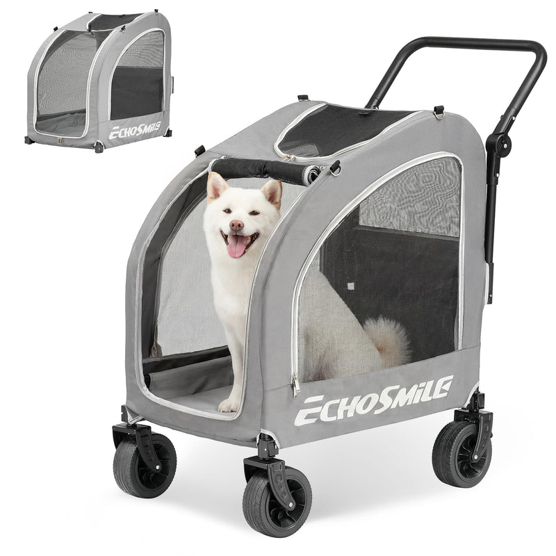 EchoSmile 4 Wheels Pet Stroller, Dog & Cat Stroller for All-Season, Lightweight Carrier with Storage Basket, Adjustable Handle, Removable Pad, Breathable Mesh, Up to 135 lbs, Grey