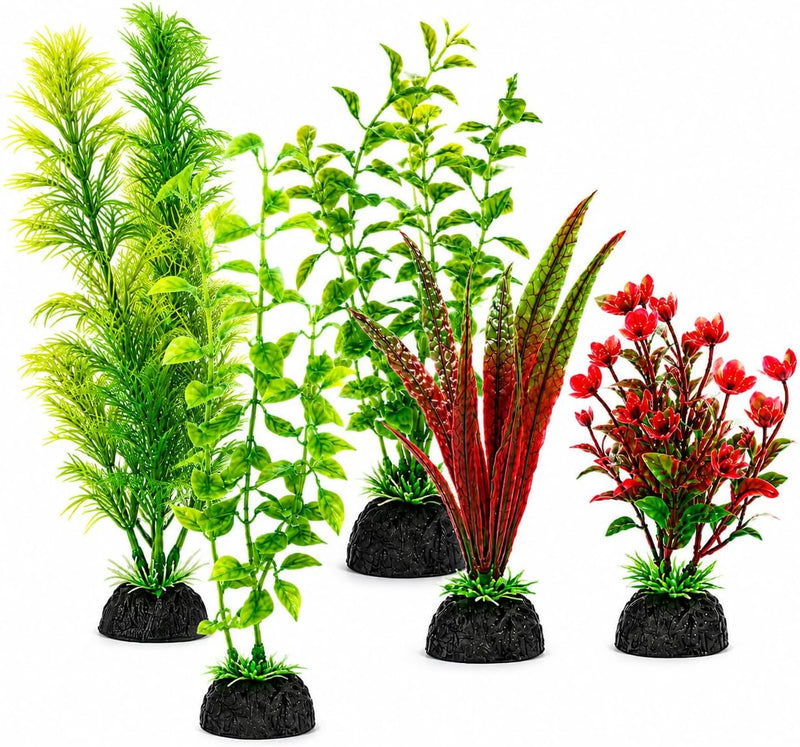 5 PCS Aquarium Plants, Artificial Fish Tank Decorations, 5.5-9 Inch Plastic Aquarium Plants with Weighted Bases, Realist