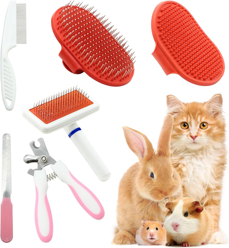Cat Grooming Kit Set with Pet Shedding Slicker Brush Nail Clipper Trimmer Pet Massage Bath Glove Flea Comb for Bunny Pup