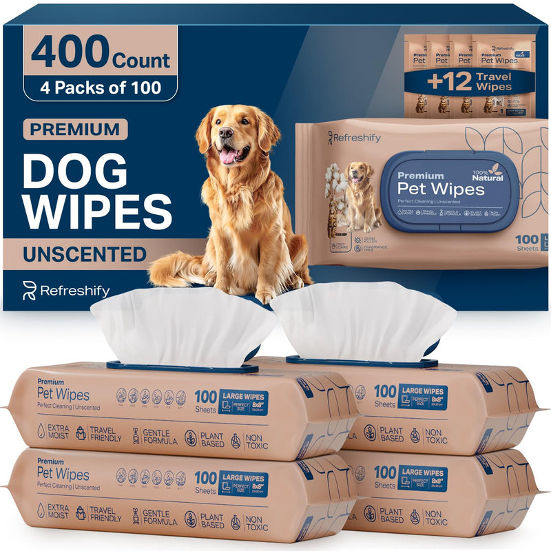 REFRESHIFY Dog Wipes for Paws and Butt - Plant Based Unscented (Pack of 400) - Pet Wipes for Dogs and Cats - Deodorizing Non Toxic Dog Wipes, +12 Additional Travel Wipes