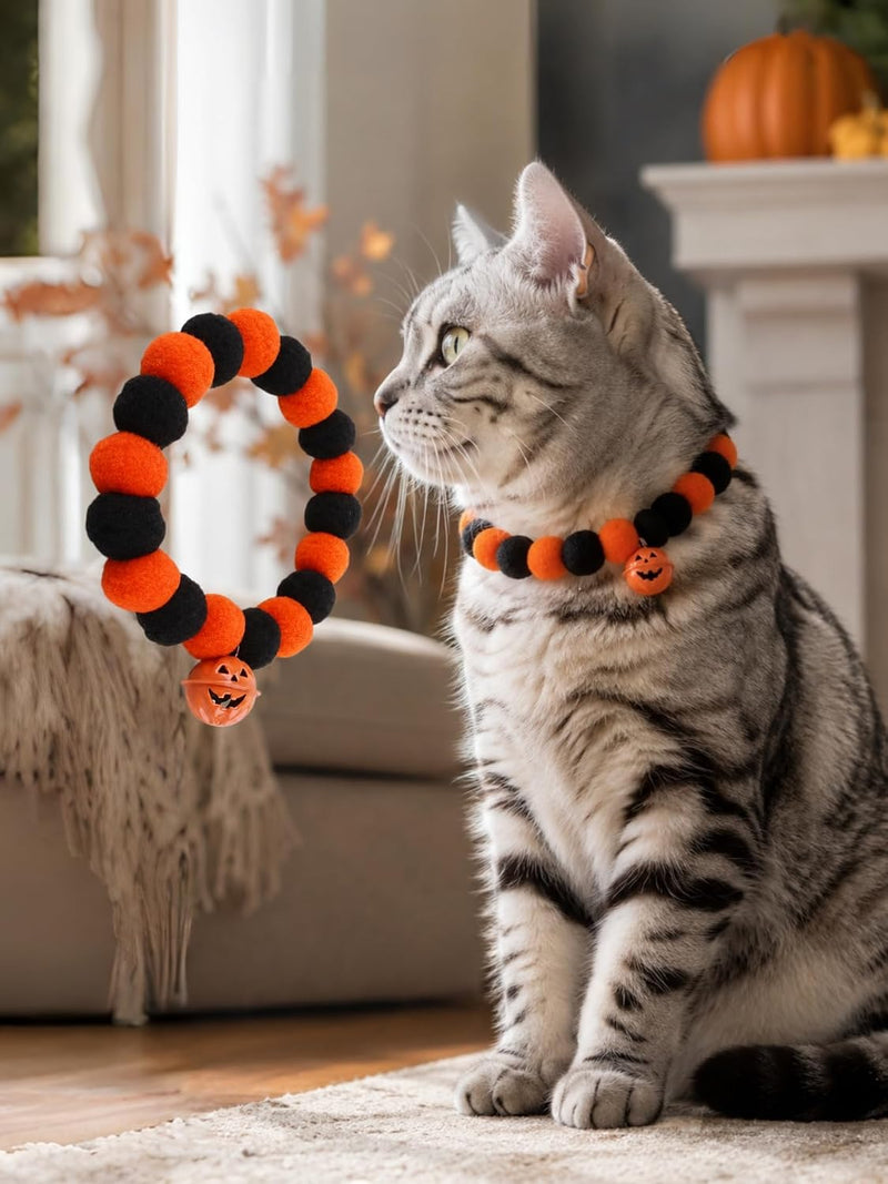 Halloween Pet Collar, Pumpkin Bell Pom Pom Necklace for Cats and Dogs, L Size Holiday Costume Accessory