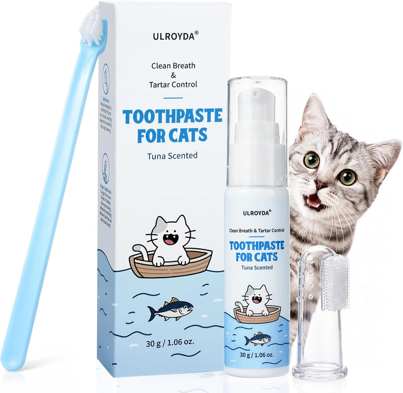 ulroyda Cat Dental Care Kit – Tuna Flavor Toothpaste 1.06 oz with Toothbrush & Finger Brush | Gentle Formula, Fresh Breath & Plaque Control