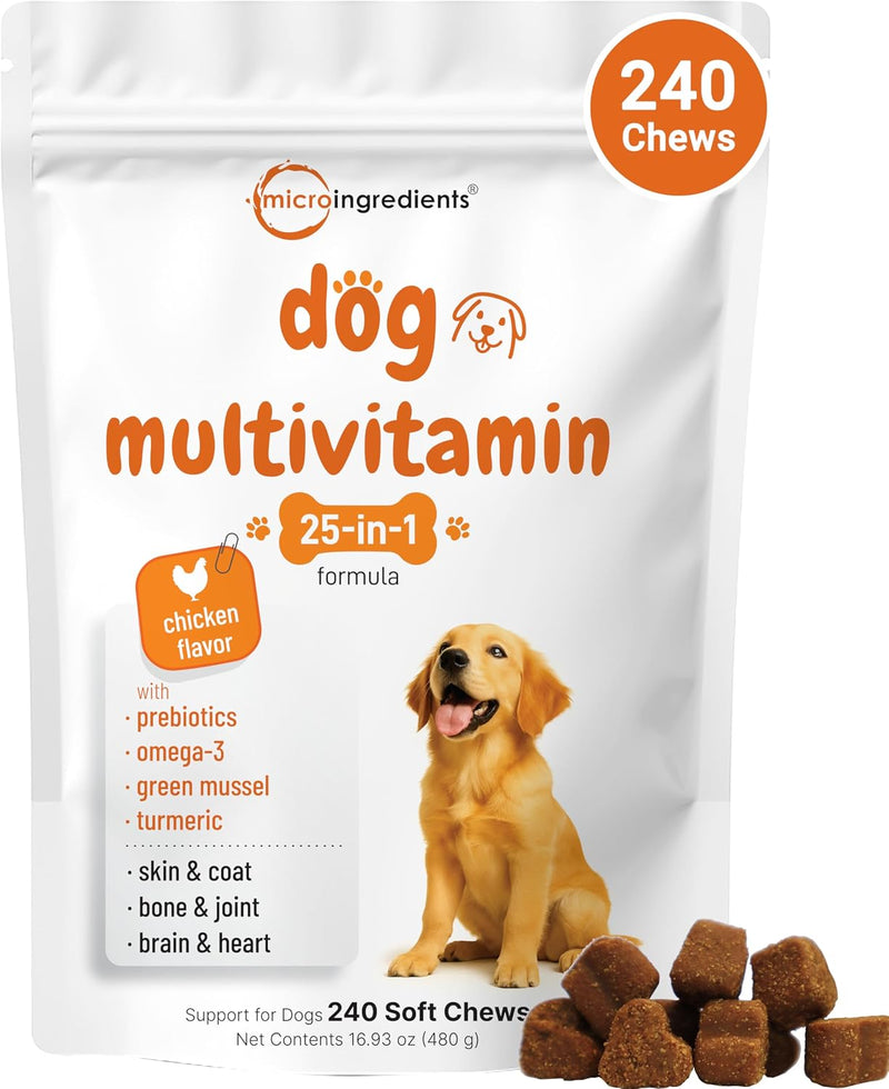 Micro Ingredients 25-in-1 Dog Multivitamin, 240 Soft Chews | Daily Essential Dog Vitamins and Supplements for Immune, Sk
