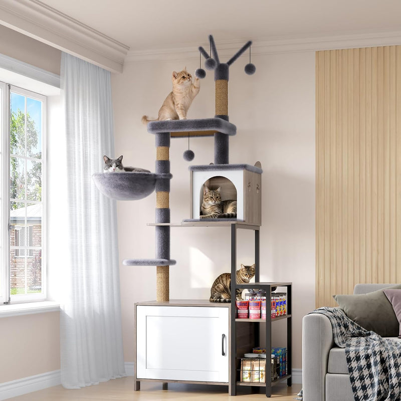 HavenlyYouth Cat Tree with Food Station and Litter Box Enclosure, Multi-Level Cat Tree Tower with Sisal Scratch Posts fo