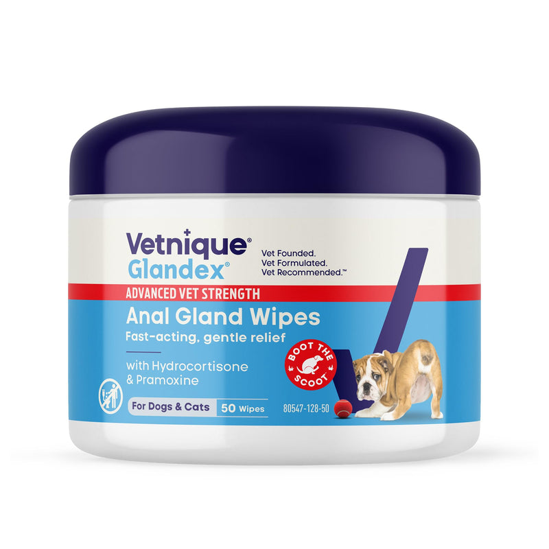 Vetnique Glandex Medicated Dog Butt Wipes or Spray for Dog Scooting - Topical Anti Itch Skin Relief for Soothing Inflamed Anal Glands in Dogs & Cats - Fast Acting Formula 50ct (50ct Wipes)