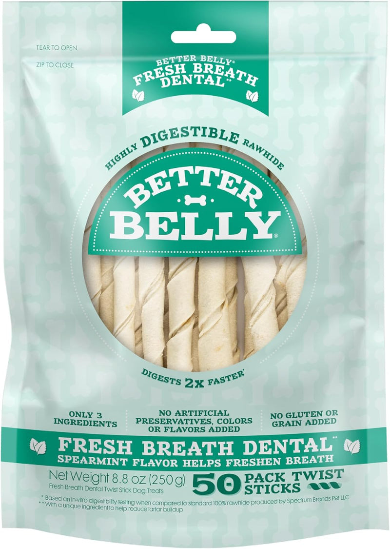 Better Belly Fresh Breath Twist Stick Highly Digestible Dog Treat, 50 Count