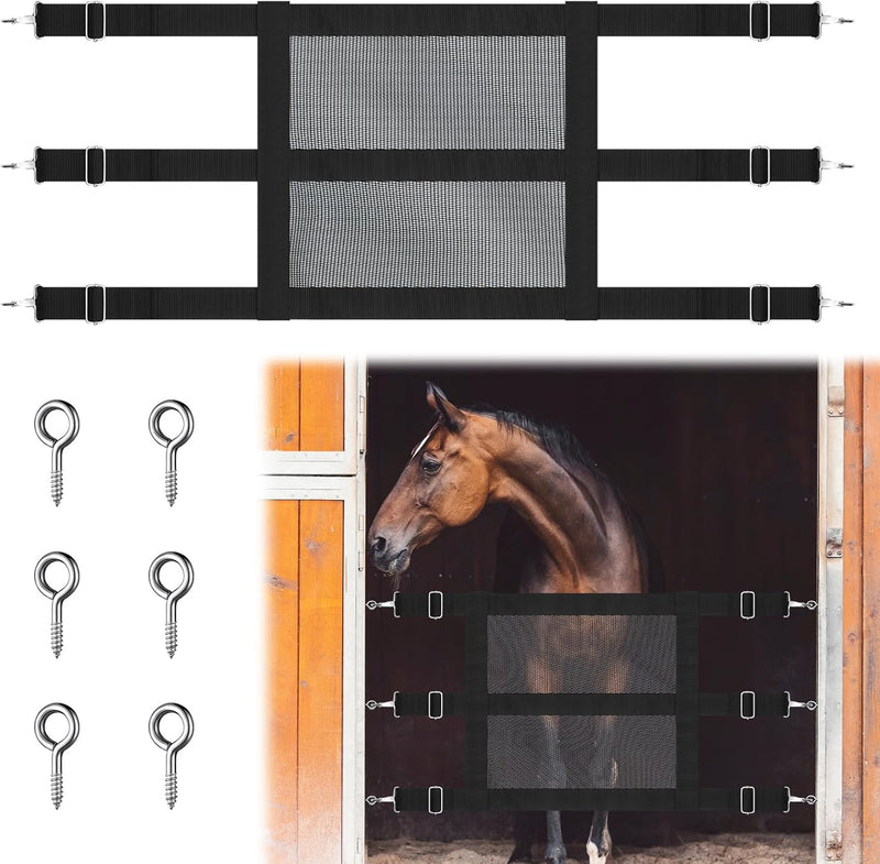 Horse Stall Guard, 57 x 18 Inch Adjustable Nylon Black Mesh Gate for Horses