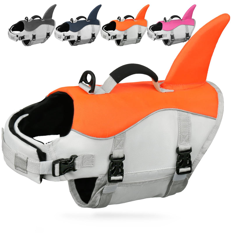 AMZNOVA Shark Dog Life Jacket, Swimming Vest with Handle, Dog Life Vest for Swimming & Boating, Ripstop & Buoyancy for Puppy Doggy, XS, Bright Orange