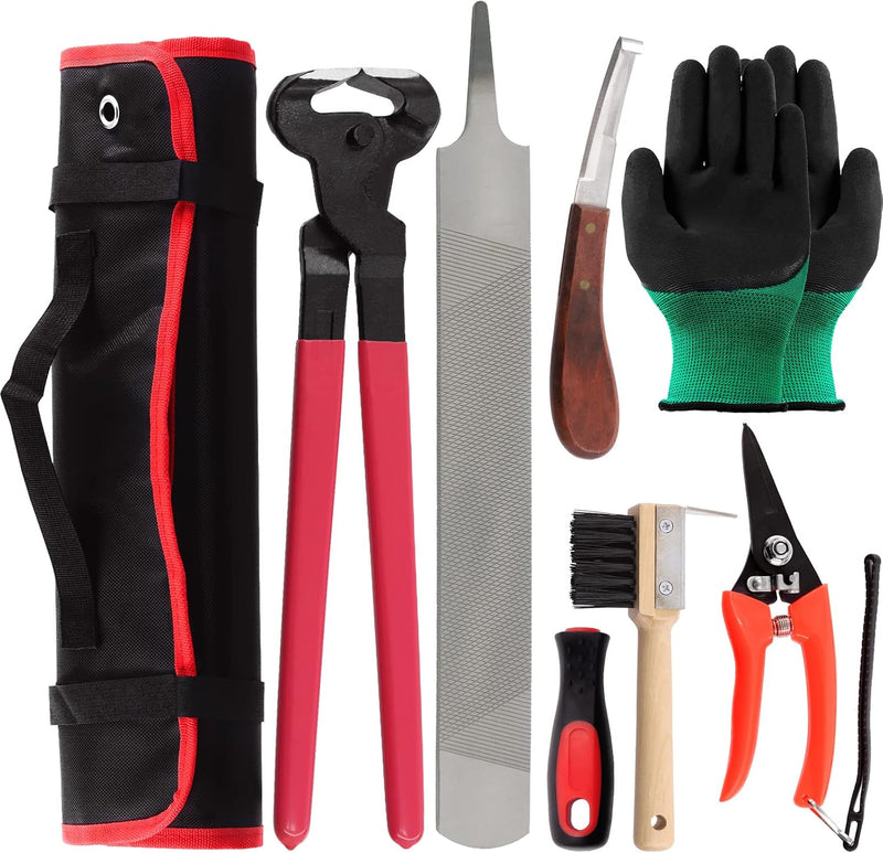Swpeet 8Pcs Professional Farrier Tools Value Kit with Roll Pack, Horses Hoof Trimmers Shears Tools, Hoof Cutter, Farrier