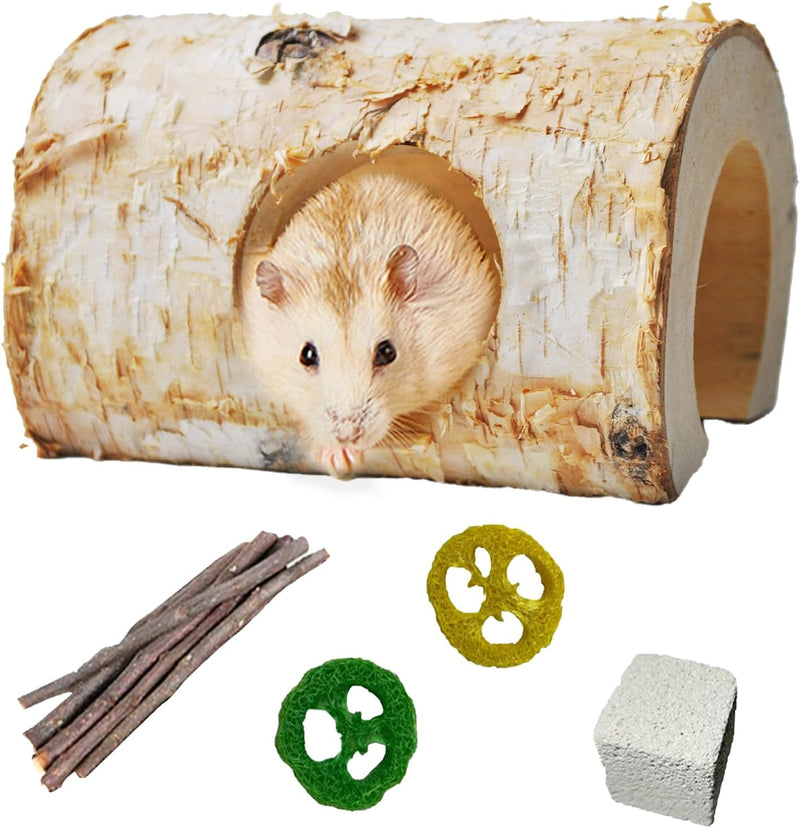 Natural Wooden Hamster Tunnels,Birch Wood Hamster Tube Guinea Pig Hollow Tree Hole Chew Toy Hideout Climbing Pet Cage Ac
