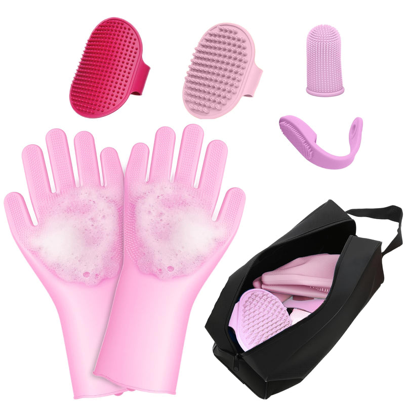 MIYIJHY 7-Piece Pet Grooming Kit with Storage Bag | Portable Bathing Set for Dogs & Cats | Includes Silicone Gloves, Deshedding Brushes & Finger Toothbrushes | All-in-One Pet Care (Pink)