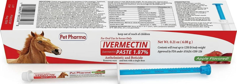 Ivermectin Horse Paste 1.87%, Apple Flavor – 6.08g Gel Dewormer Syringe for Equine Use Only, Treats up to 1,250 lbs (1 -