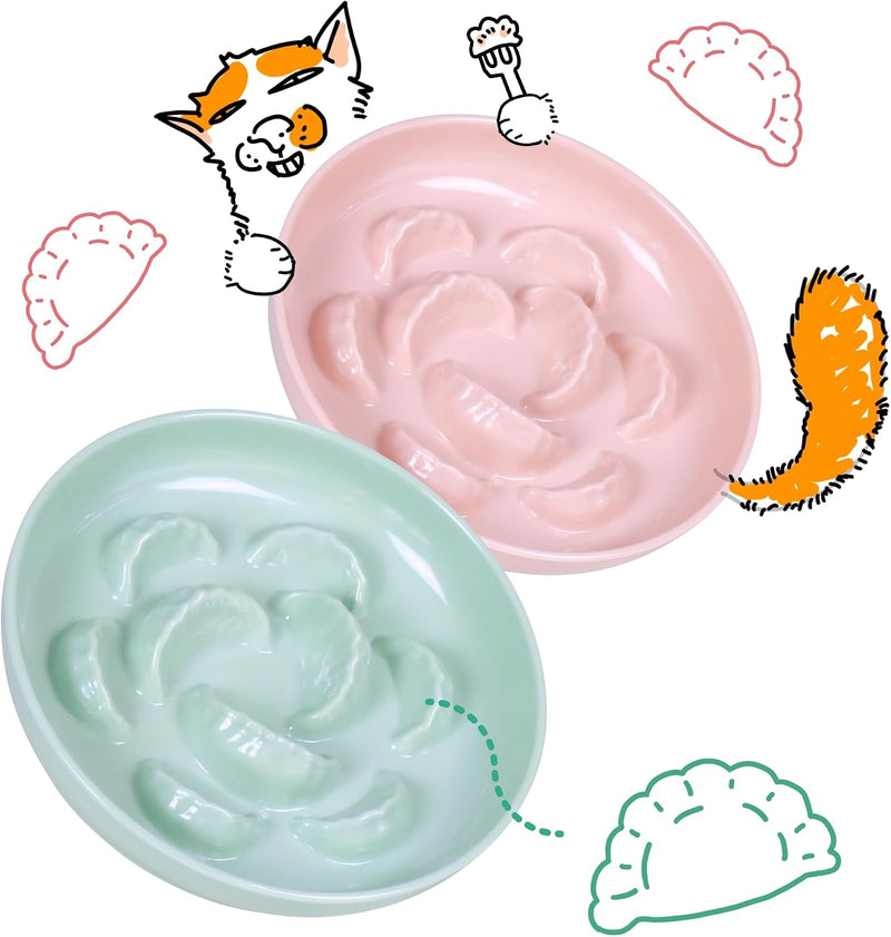 2 Pcs Cat Slow Feeder Bowl Set - Unbreakable Melamine Puzzle cat Bowl for Slow Eating - Cat Dish for Wet & Dry Food- Whi