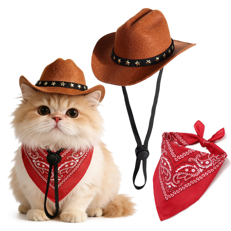 Pet Cowboy Costume, Dog Cowboy Hat with Bandana Scarf, Adjustable Cat Cowboy Hat for Party Cosplay Christmas, Halloween Cowboy Costumes for Small Pet Dogs Cats (Brown, Small)