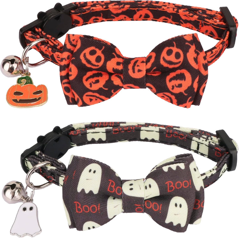 ADOGGYGO Halloween Cat Collar Breakaway, Pumpkin Ghost Cat Bowtie Collar