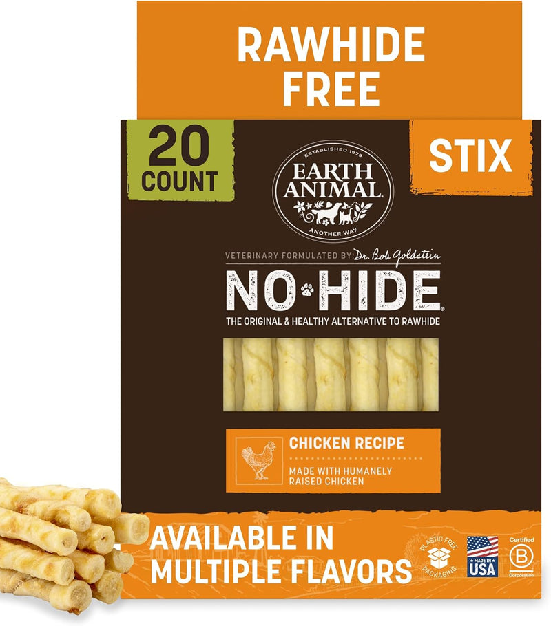 Earth Animal No Hide Stix - Long Lasting Rawhide Free Small Dog Chews Sticks, Chicken - 20 Count Value Pack