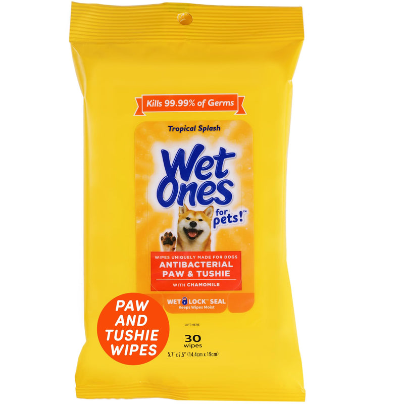Wet Ones for Pets Paw and Tushie Dog Wipes with Chamomile, Tropical Splash Scent - Cleansing Grooming Wipes for Dog Paws and Butt Between Baths, Wet Lock Seal, 30 Count
