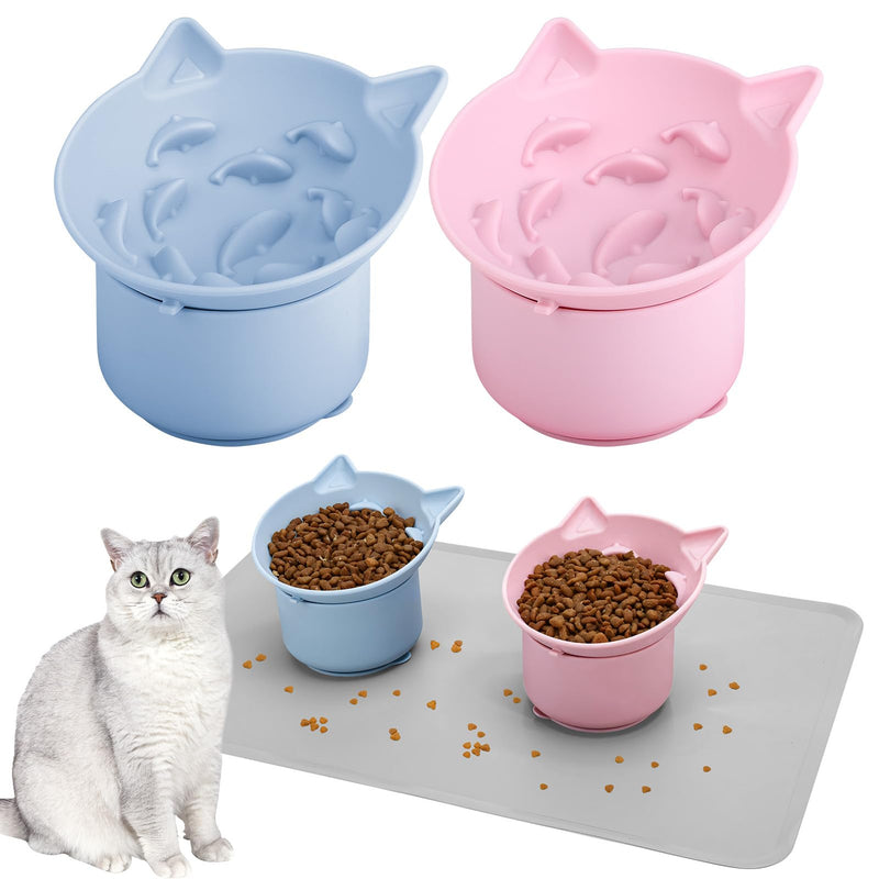 Guiqulai 2 Pack Slow Feeder Cat Bowls Silicone Tilted Raised Pet Bowl with Non Slip Base for Digestion Anti Vomit, Pink, Blue