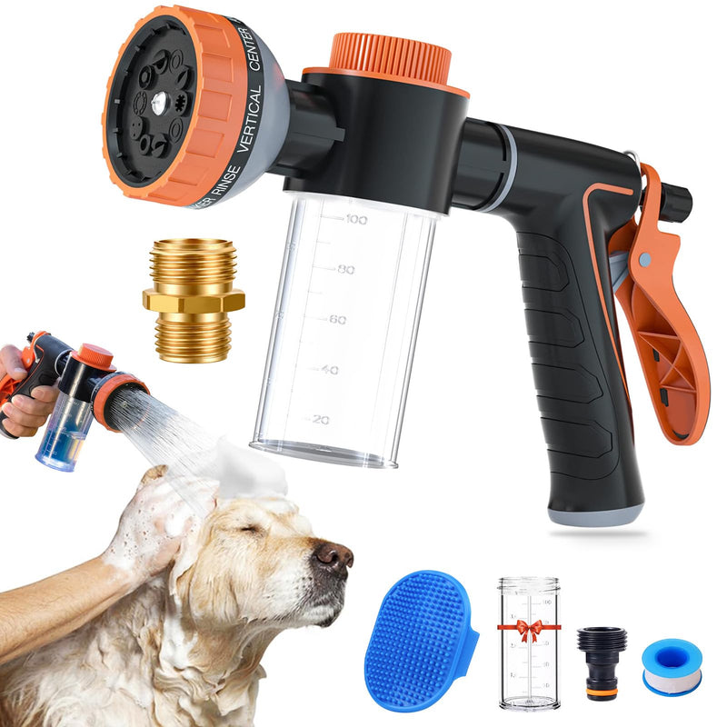 Dog Shower Attachment with Soap Dispenser, Upgraded Dog Wash Hose Attachment for Pet Bathing, High Pressure Foam Sprayer with 10 Spray Modes and Grooming Brush