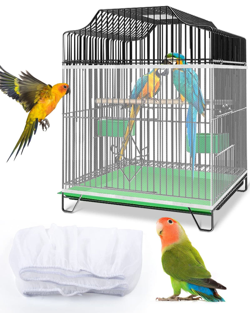 Bissap Bird Cage Seed Catcher, Universal Birdcage Net Nylon Adjustable Elastic Band Stretchy Skirts Mesh Cover for Parrot Cage Seed Guard (Not Include Birdcage)- White
