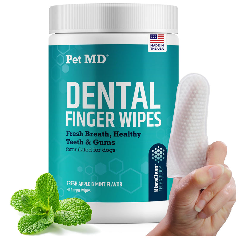 Pet MD Pet Dental Finger Wipes for Dogs - Plaque and Tartar Remover for Dogs to Improve Oral Care - Pet Teeth Cleaning Finger Wipes for Healthy Gums and Fresh Breath - Fresh Apple & Mint, 50ct