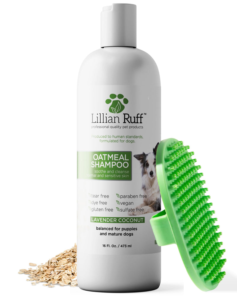 Lillian Ruff PRO Formula Deodorizing Oatmeal Dog Shampoo - Calms Itching & Allergies, Ultra-Nourishing Dry Skin Relief - Oatmeal, Aloe, Coconut Oil, Lavender & Provitamin B5 - Made in USA 16oz+Brush