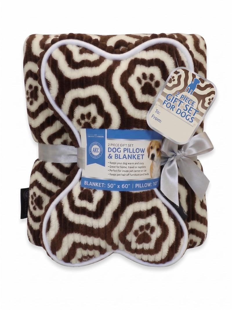 American Kennel Club 60''x50'' Pet Blanket & 10'' Pillow Set, Warm Plush Blanket for Dogs & Cats - Paw Print - Brown
