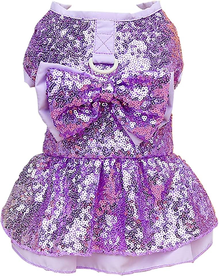 Tangpan Sequins Bow-Knot Pet Dance Dress Dog Christmas Party Dress (Purple, L)