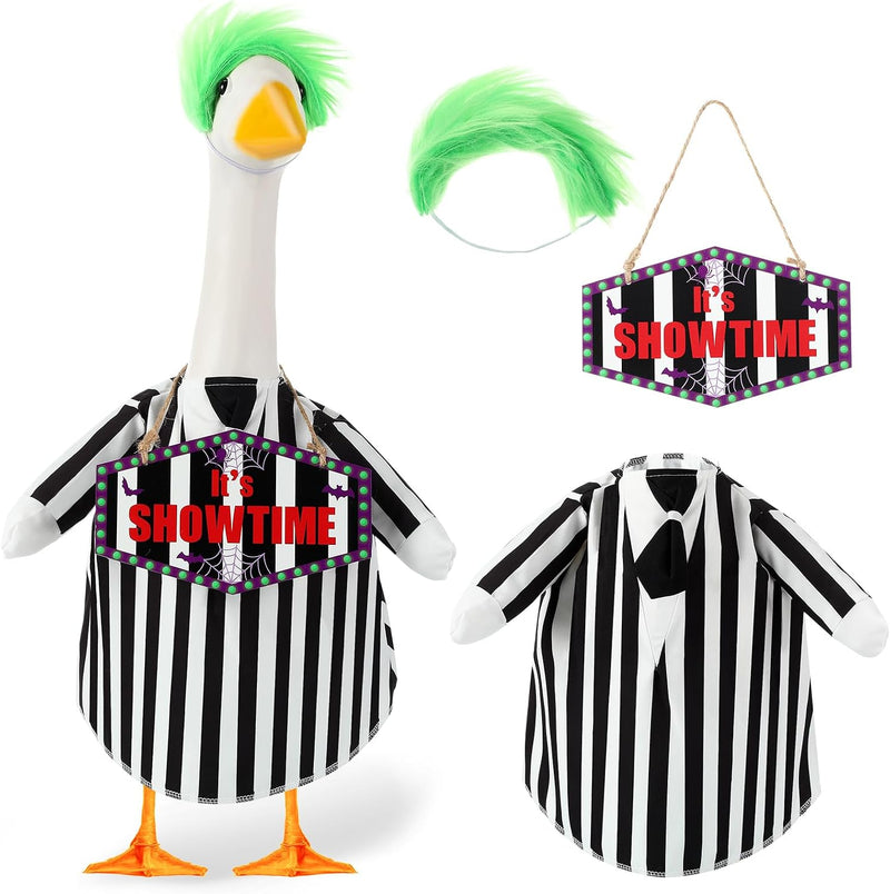 Halloween Porch Goose Outfit Black and White Striped Suit Clothes