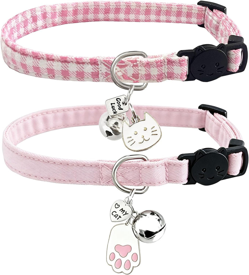 Girl Cat Collars Cute Pink Plaid Breakaway Female Kitten Collars with Bell