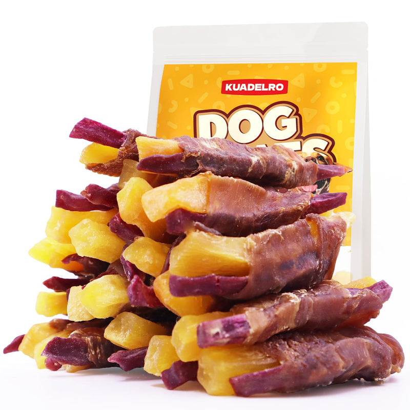 KUADELRO Dog Treats Duck Wrapped Double Sweet Potato, High Protein Duck Jerky Training Treats Low Fat Dog Snacks Soft Healthy Chews for Small Medium Large Breed 10.54oz