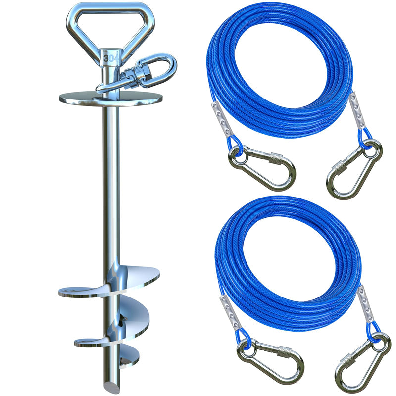 Catapamey Dog Tie Out Cable and Stake,with 2x15 Feet Heavy Duty Cable(up to 200lbs),360° Swivel Dog Run Anchor,Runner for Yard-No Tangle,Ideal for Outdoor Camping