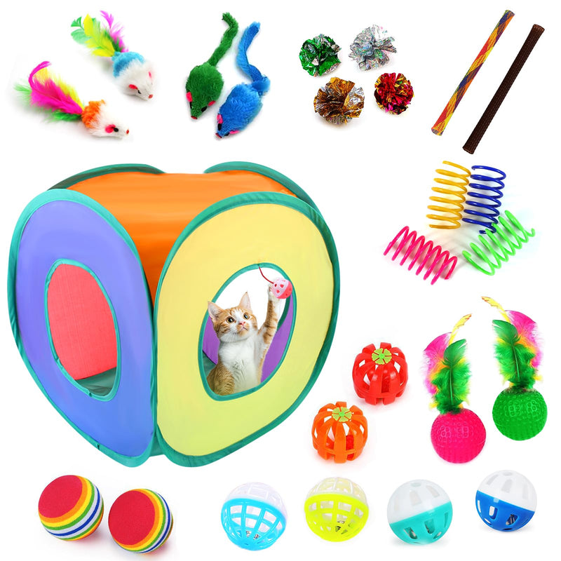 iCAGY 25 Pcs Cat Toys for Cats, Indoor Kittens - Interactive Variety Pack, Cat Cube Tunnel, Feather Golf, Mice, Springs, Balls, Noise Toys - Rainbow/Colorful
