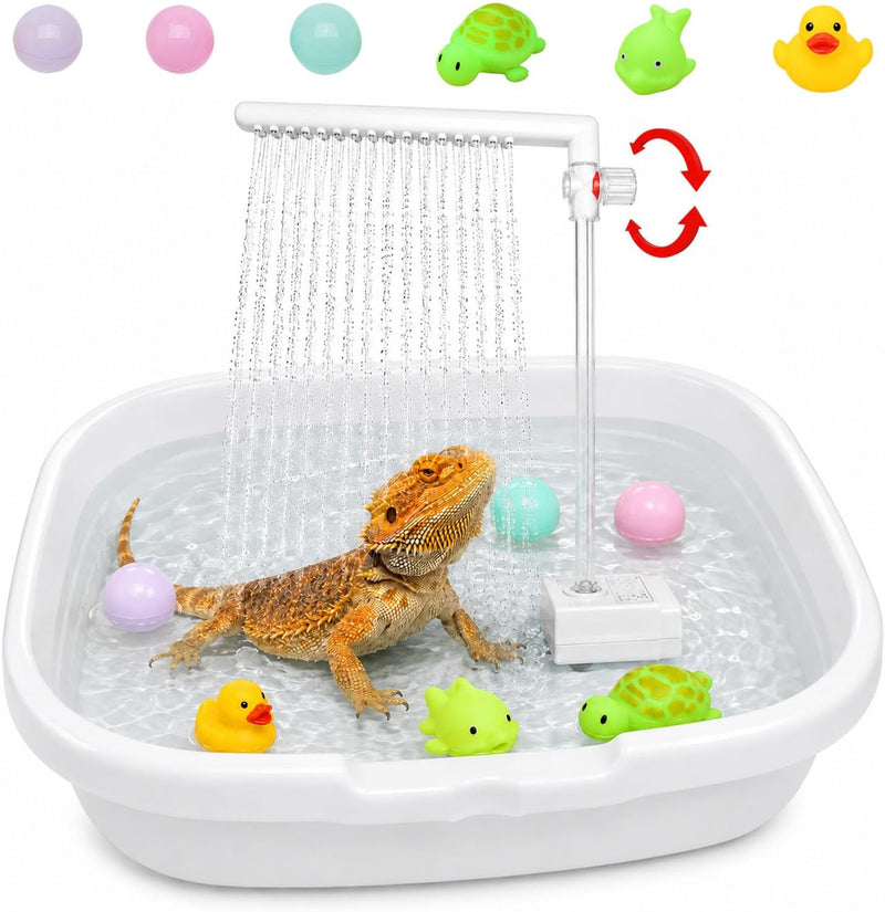 Adjustable Water Flow Bearded Dragon Shower with 3 Floating Toys & 3 Colorful Balls, Reptile Shower Kit, Bearded Dragon