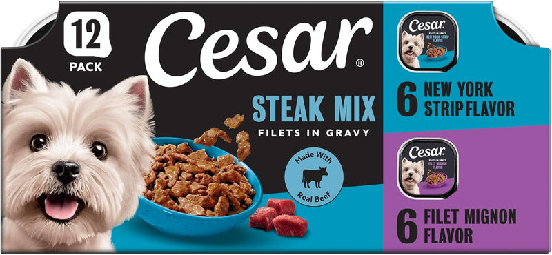 Cesar Filets in Gravy Wet Dog Food, Steak Mix Variety, 3.5 oz, 12 Count
