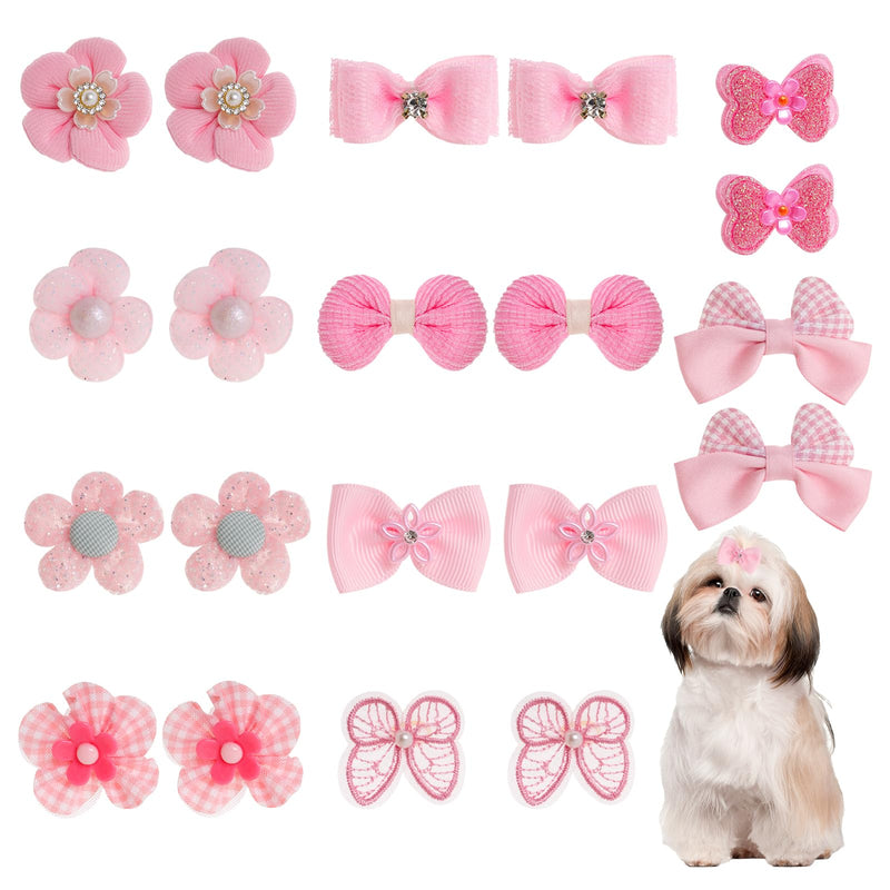 20Pcs Light Pink Small Dog Hair Bows Cute Puppy Dog Bowknot Hair Bow Bulk with Rubber Bands Elastic Lace Rhinestone Pearls Hair Ties Mix Style Handmade Flower Bow Dog Cat (Light Pink, Cute pattern)