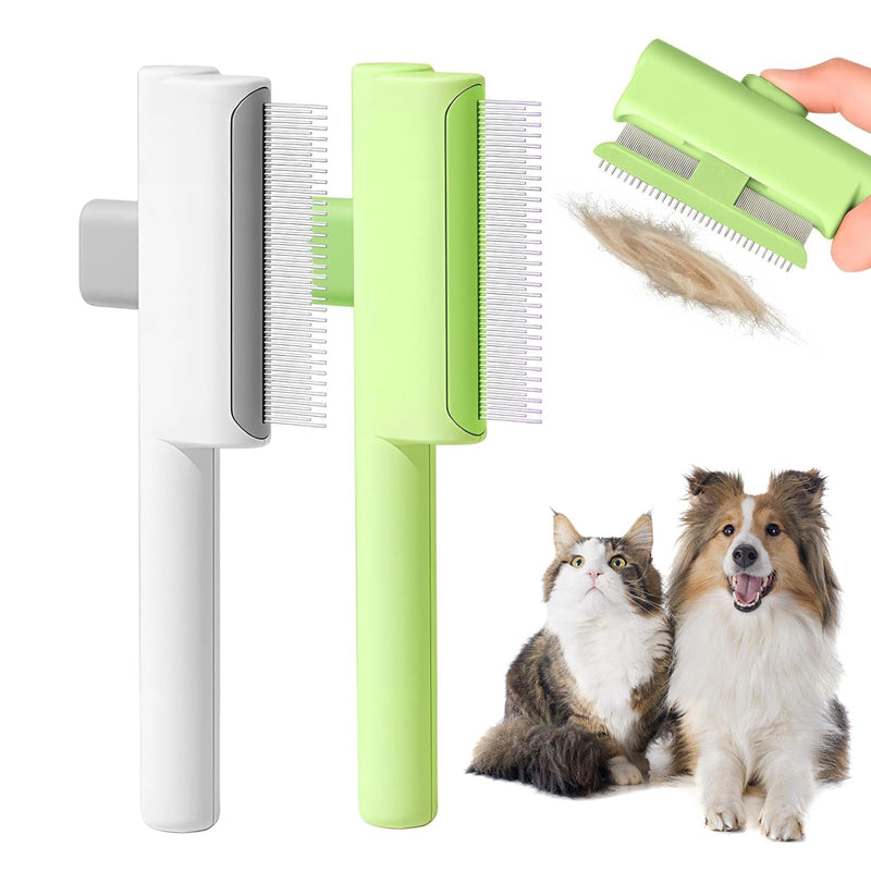 2 Pcs Flea Comb for Pet, Dog Cat Hair Removal Comb with Release Button, Self-Cleaning Grooming Brush for Shedding, Massaging, Short & Long Fur (White&Green)