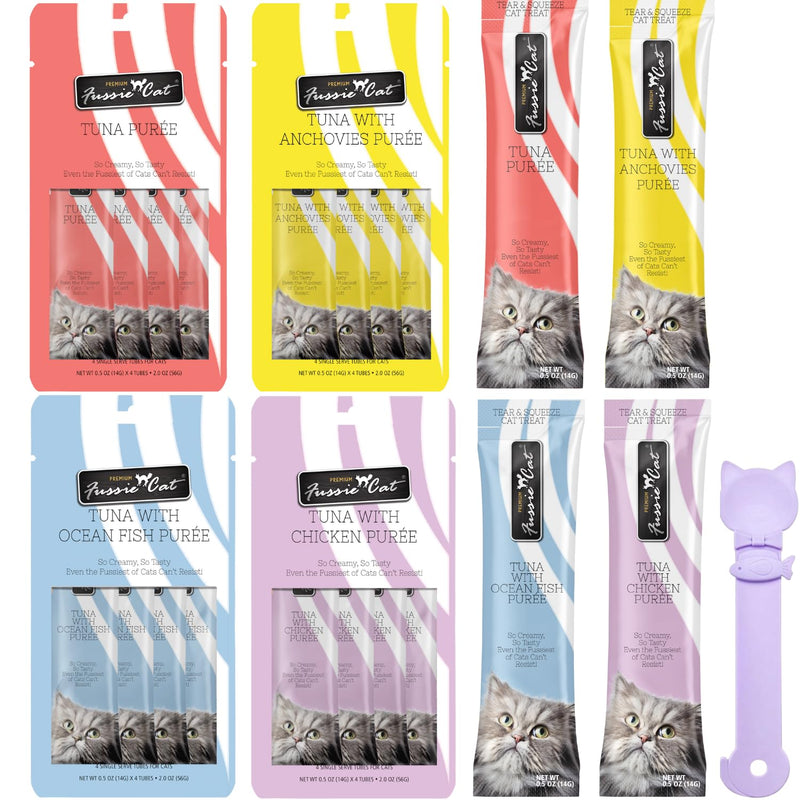 Fussie Cat Premium Puree Lickable Cat Treats in Tuna Puree, 4 Flavors, 4 Packs of 4-0.5oz Tubes (16 Total Tubes) +Lid
