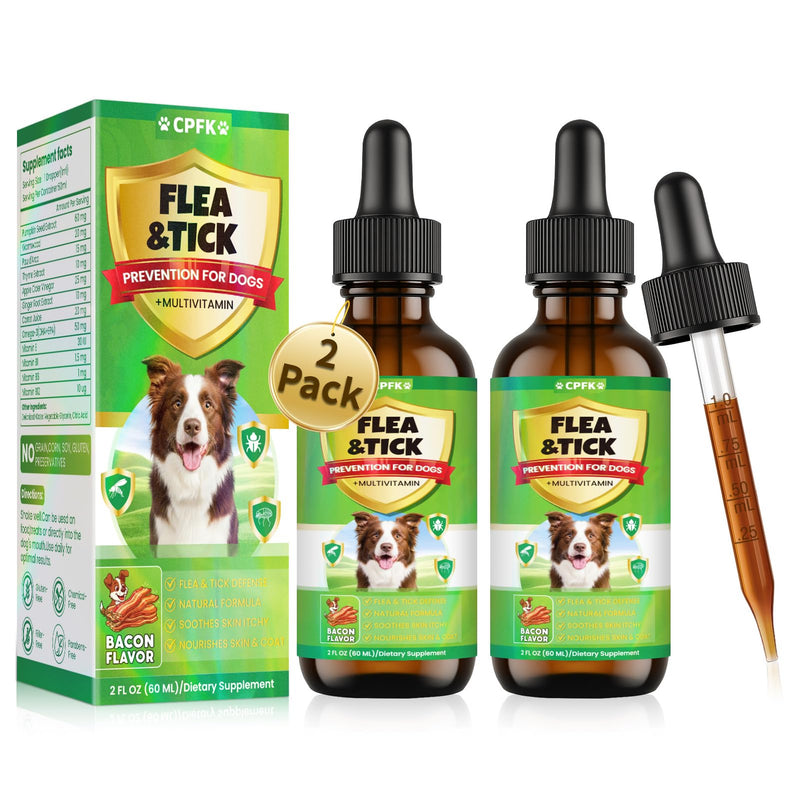 Flea and Tick Prevention for Dogs, 60 ML (2 FL OZ) 2 Pack Natural Oral Flea and Tick Drops for Dogs Containing Multivitamin All Breeds and Sizes Fleas Control for Dog Bacon Flavor