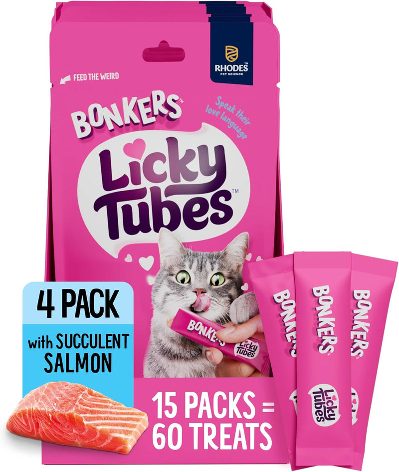 Bonkers Licky Tubes Salmon Flavored Wet Cat Treats, 4 Pieces (Pack of 15)