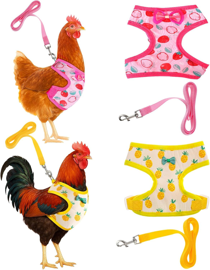 2 Pcs Adjustable Chicken Harness and Leash Set, Comfortable Chicken Vest Elastic Hen Vest with Strawberry Pineapple Prin