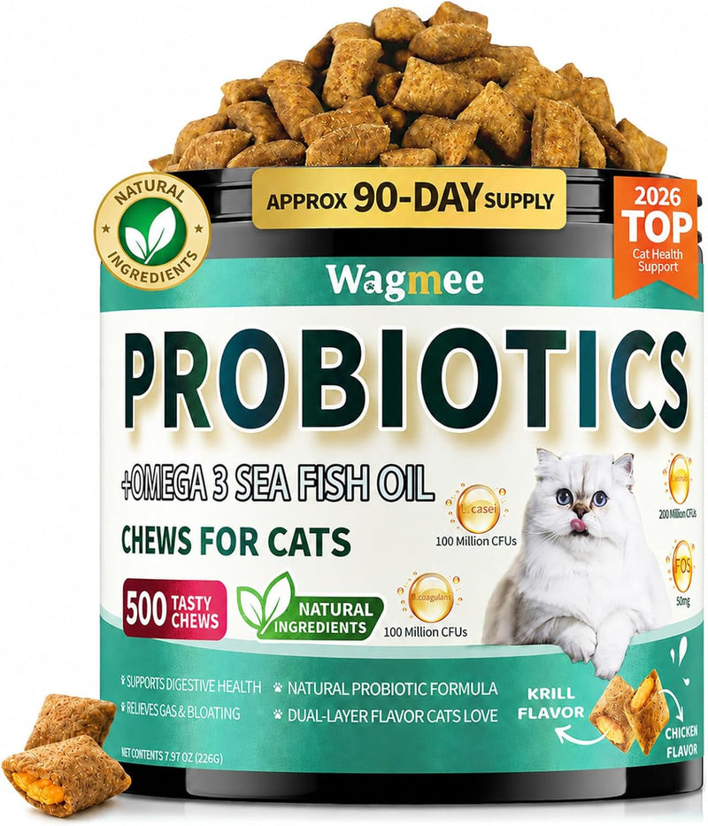 Cat Probiotics Tasty Chews –500 Chews Crunchy & Creamy Texture, Fish Oil Omega-3 Skin & Coat Health Digestive & Gut Support, Constipation Relief, Healthy Stool, Chicken Krill Flavor